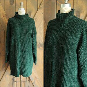 Vintage 1980s Sweater, Kenzo Paris Green Chenille Turtleneck Tunic